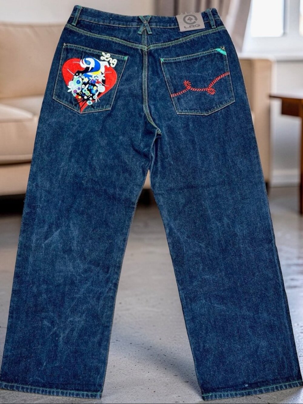 RARE!  Embroidered Love Heart RG Lifted Research Group Mens  Indigo Denim 36"x30